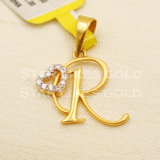 R Name Initial Zircon 22k Yellow Gold Handmade Charms Pendant light weight Jewelry, PR1207