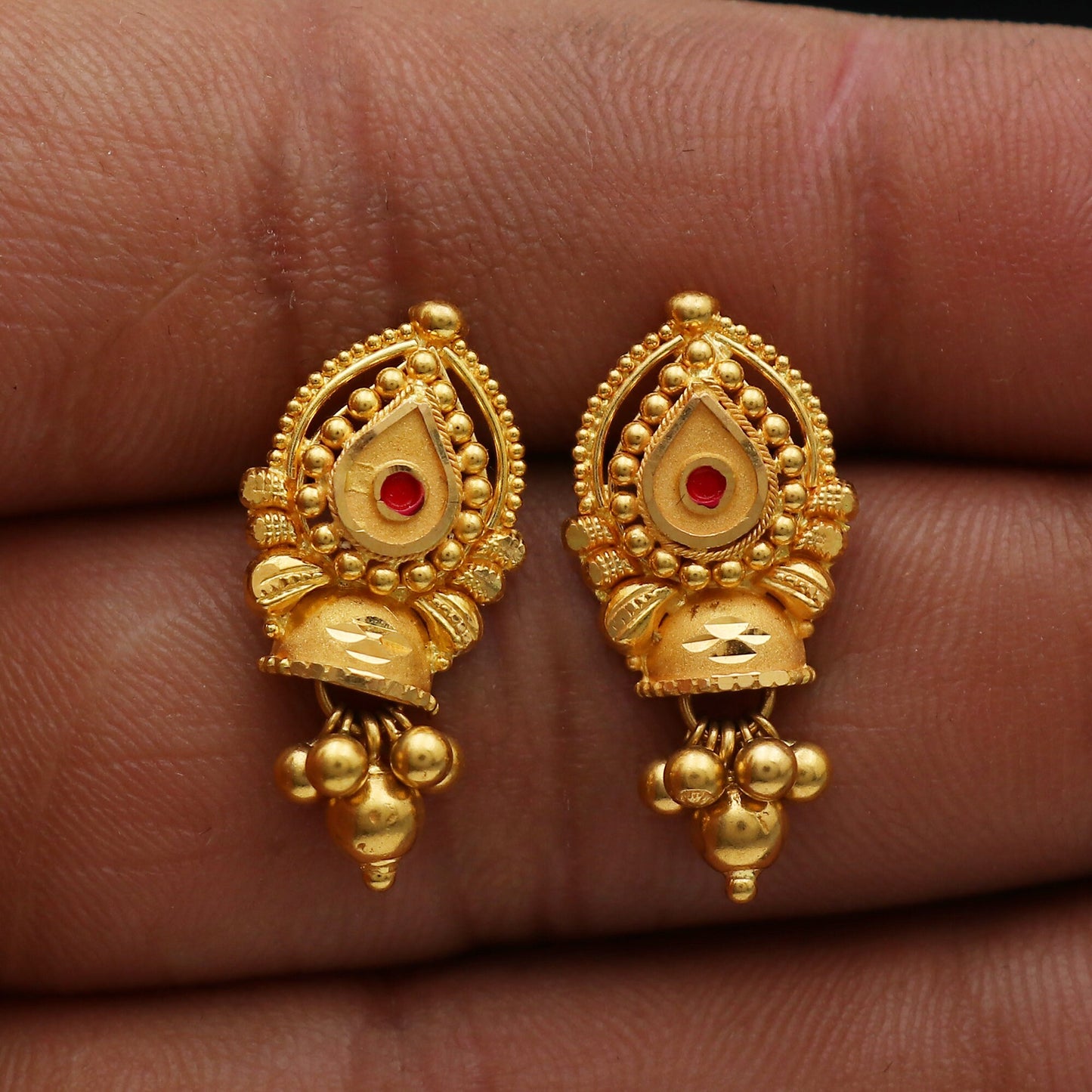 Handmade Indian Earrings in 22kt Gold, 22k Earrings, Ethnic Boho Jewelry, Gold Ornaments, Wedding Women Gift