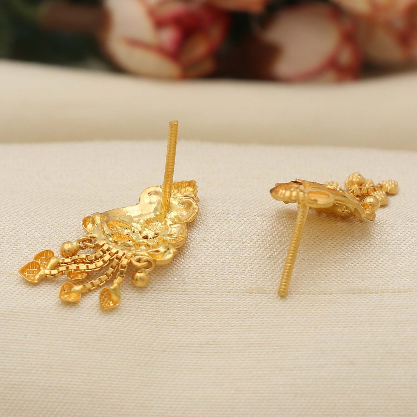 Plain 22K Fine Gold dangle Earrings dangling beads, 22 Karat Gold Indian Handmade Women Earrings