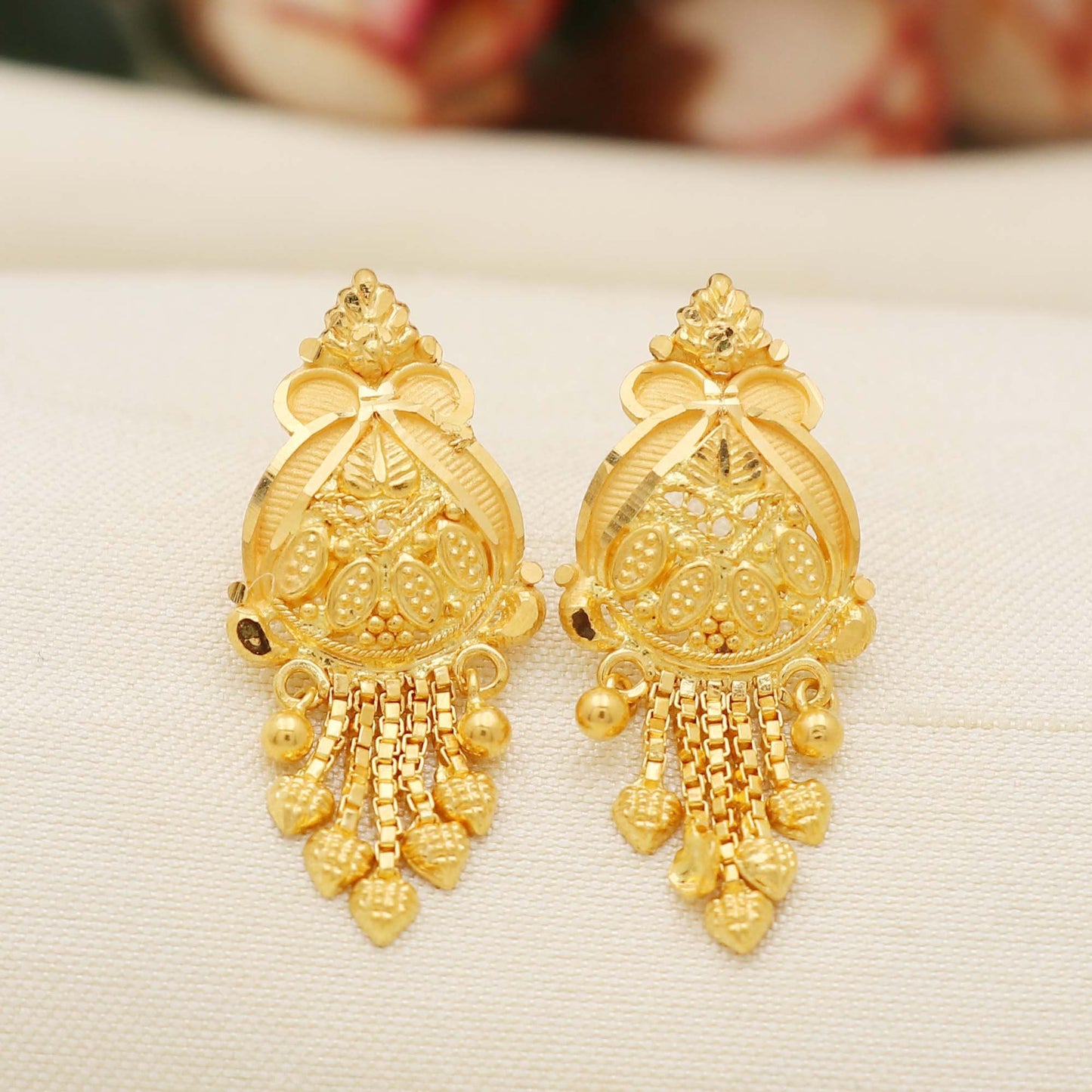 Plain 22K Fine Gold dangle Earrings dangling beads, 22 Karat Gold Indian Handmade Women Earrings