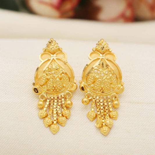 Plain 22K Fine Gold dangle Earrings dangling beads, 22 Karat Gold Indian Handmade Women Earrings