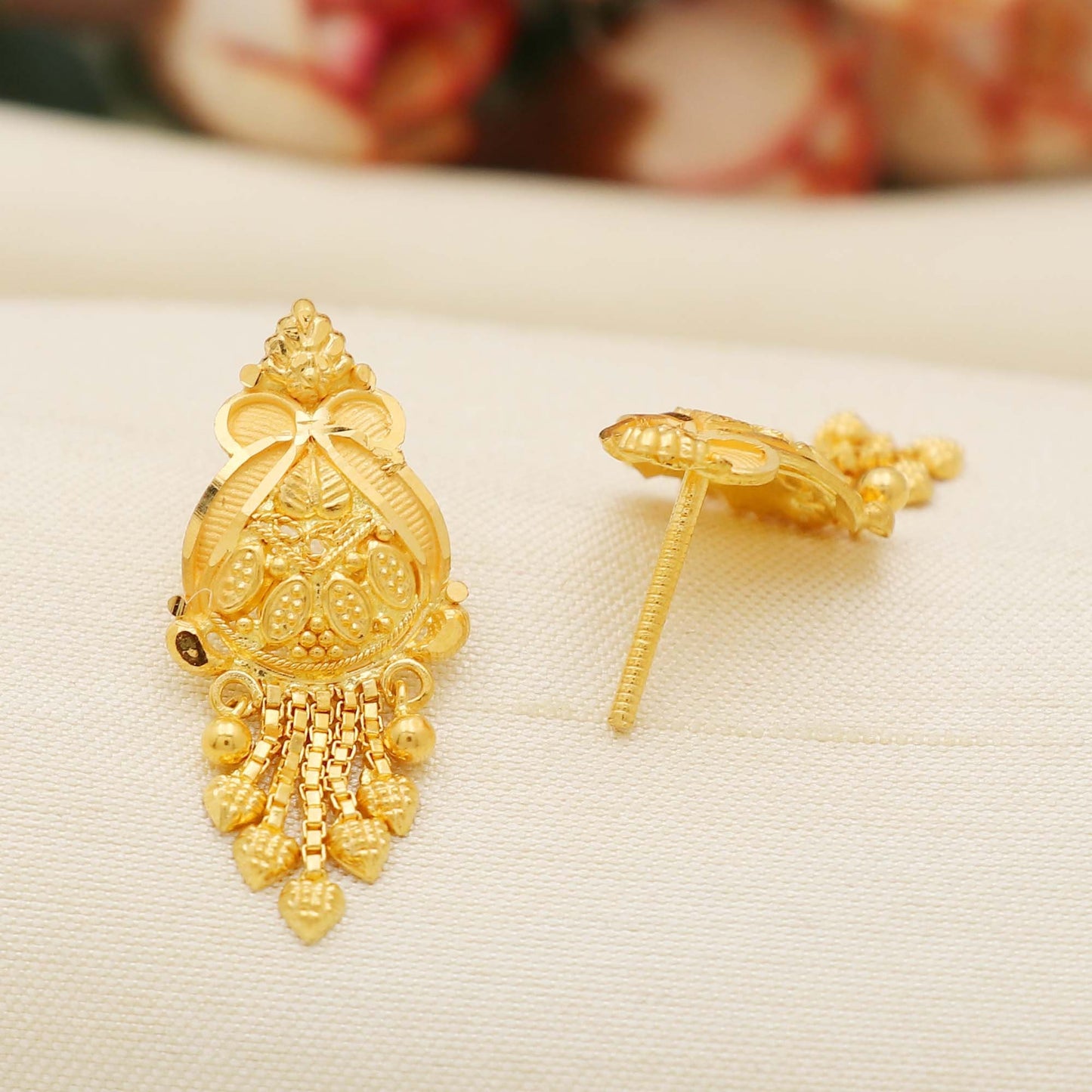 Plain 22K Fine Gold dangle Earrings dangling beads, 22 Karat Gold Indian Handmade Women Earrings