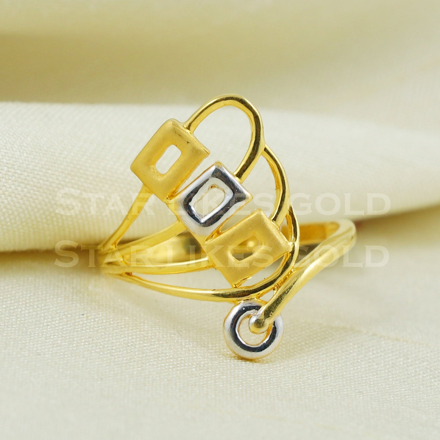 22K Gold Geometric Dual-Tone Ring | Modern Triple Square 916 Gold Design B1037