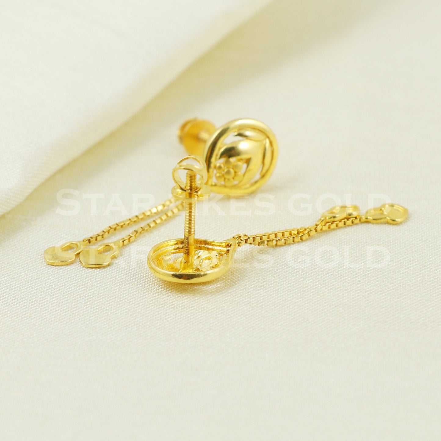 Hallmark 18k Gold Long Drop Earrings with Diamond-Cut Studs, B1174