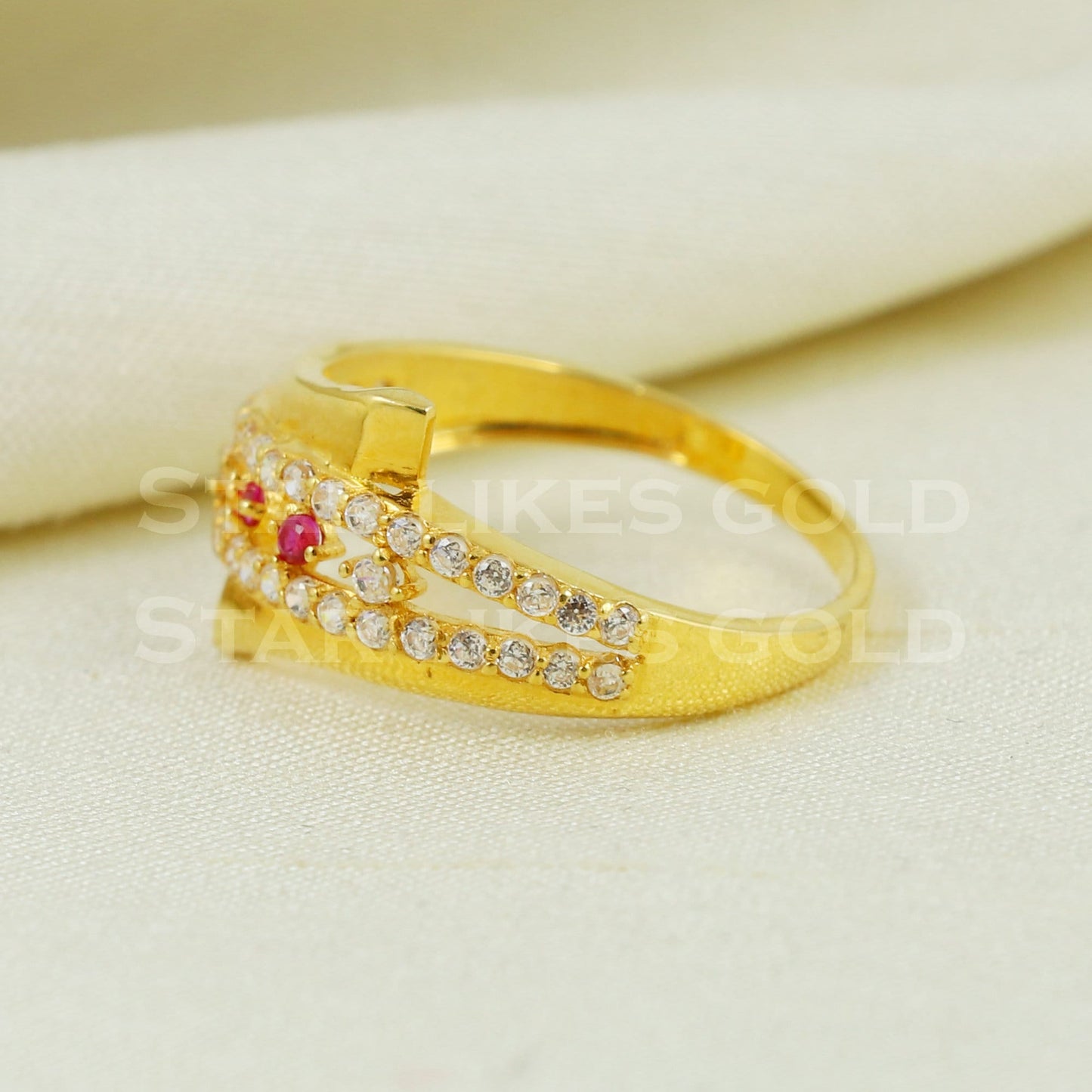 Elegant 18k Gold Ruby & CZ Stone Ring | Modern Wave Design Jewelry, B1043