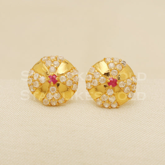 Hallmark 18k Gold Floral Stud Earrings with Red & White Stones, B1179