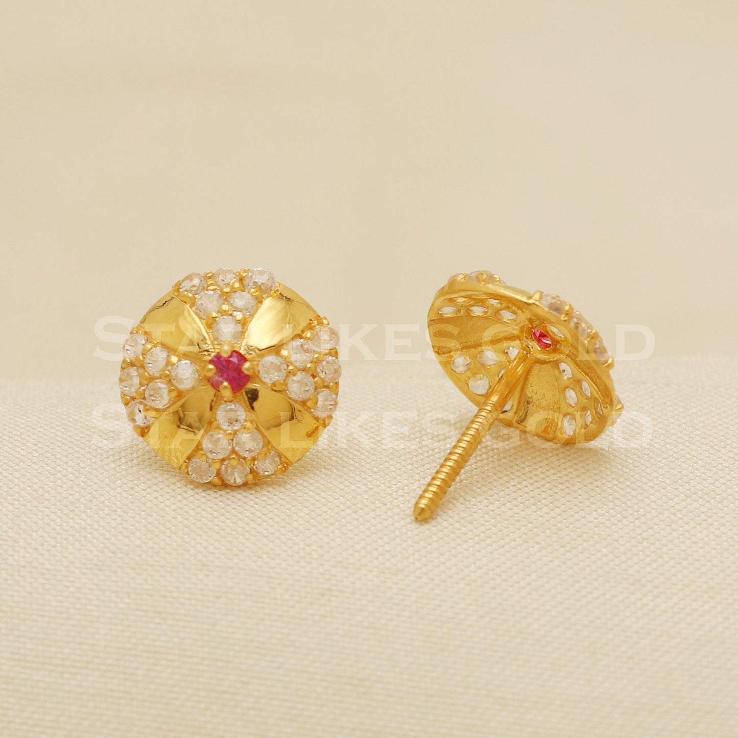 Hallmark 18k Gold Floral Stud Earrings with Red & White Stones, B1179