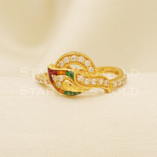 Artistic 18k Gold Colorful Enamel Ring | CZ Studded Peacock Design for Her, B1305