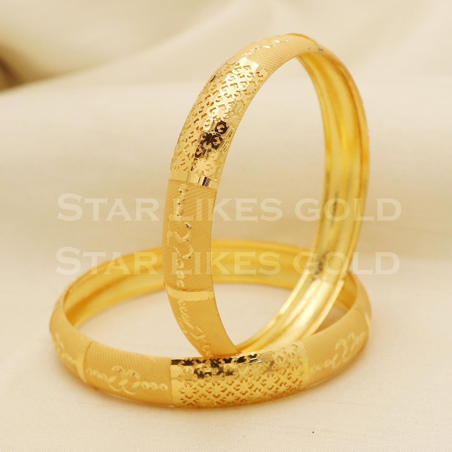 22K 22 Karat Gold Floral Engraved Dual Texture Traditional Bangle for Women, B1363