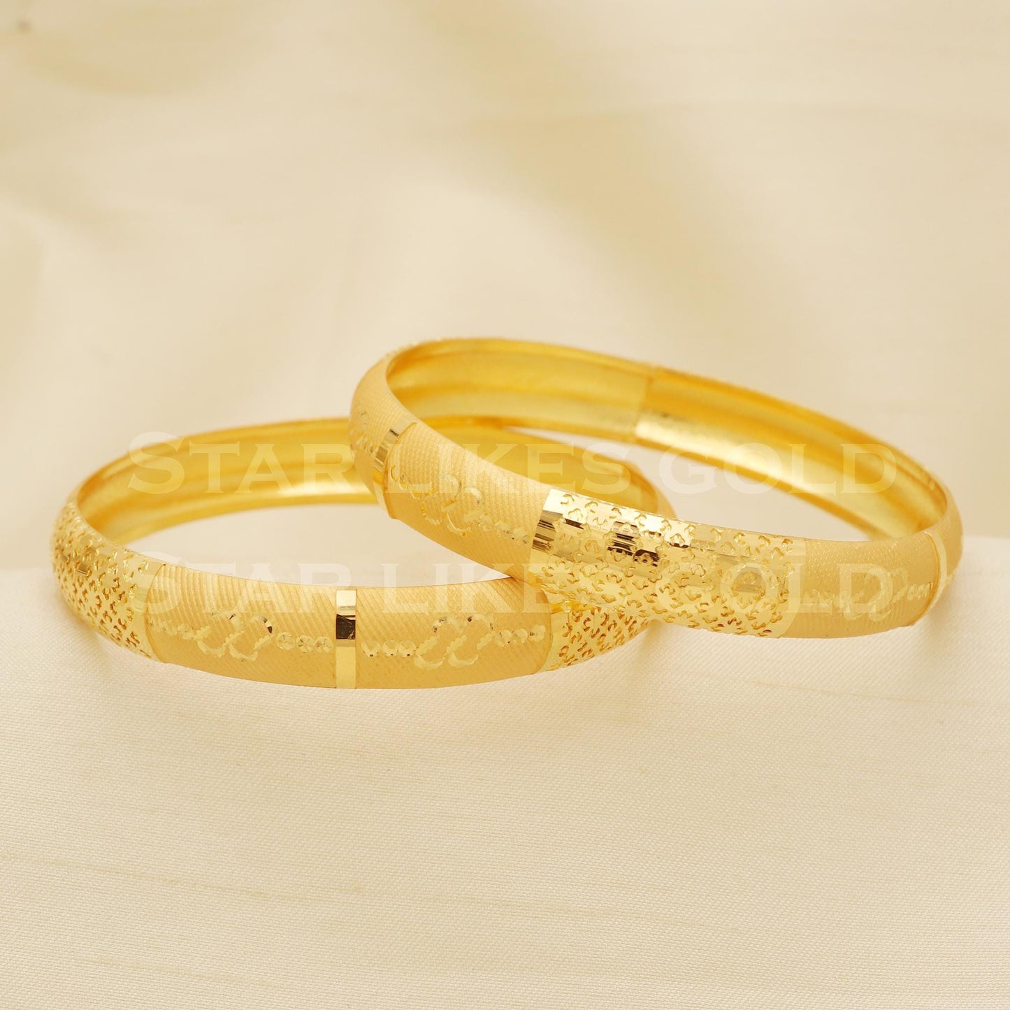 22K 22 Karat Gold Floral Engraved Dual Texture Traditional Bangle for Women, B1363