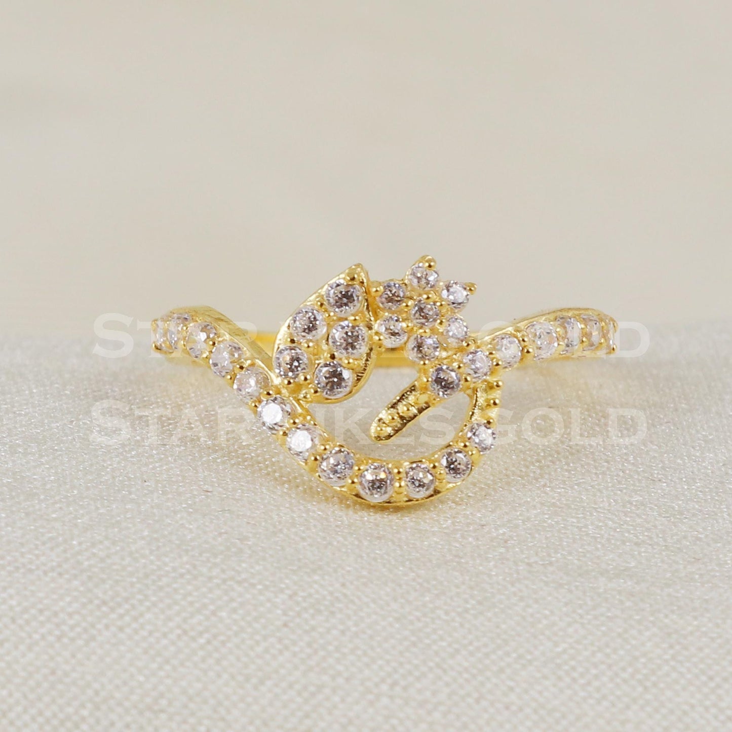 Exquisite 18k Gold CZ Stone Ring | Unique Abstract Wave Designer Jewelry B1413