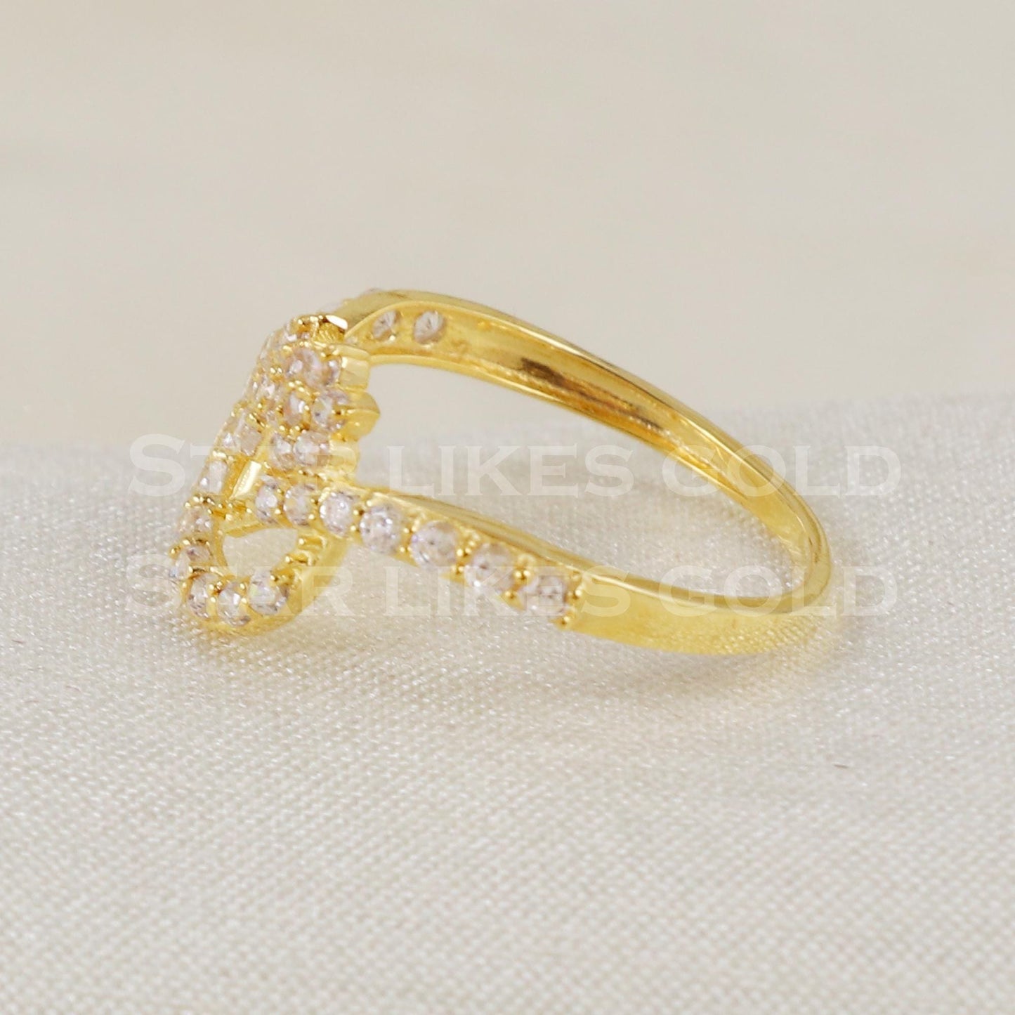 Exquisite 18k Gold CZ Stone Ring | Unique Abstract Wave Designer Jewelry B1413