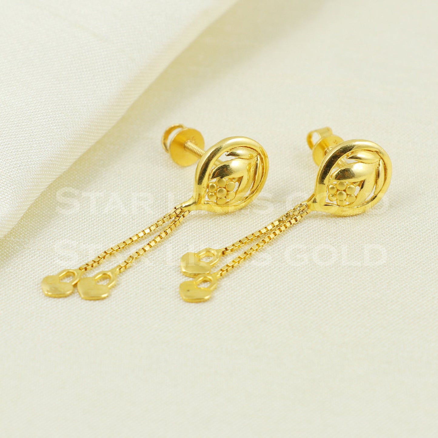 Hallmark 18k Gold Long Drop Earrings with Diamond-Cut Studs, B1174