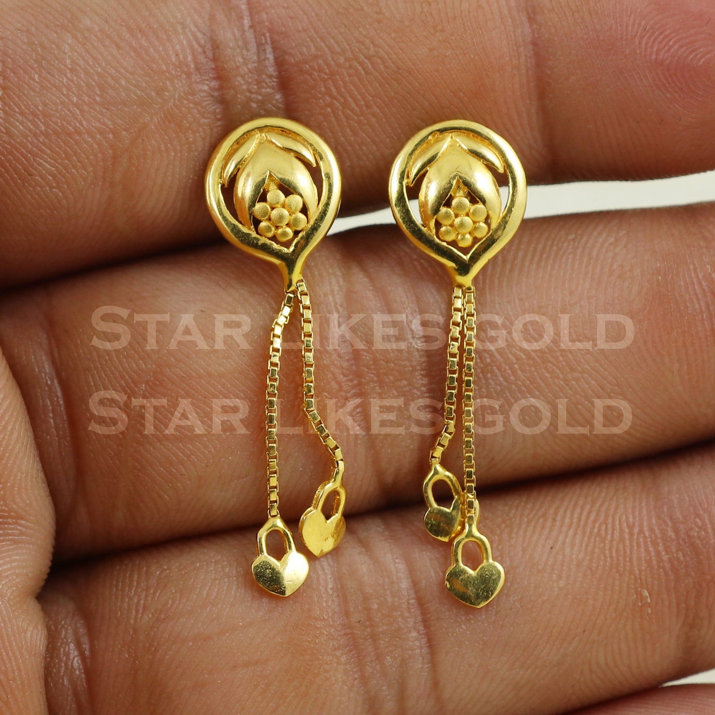 Hallmark 18k Gold Long Drop Earrings with Diamond-Cut Studs, B1174
