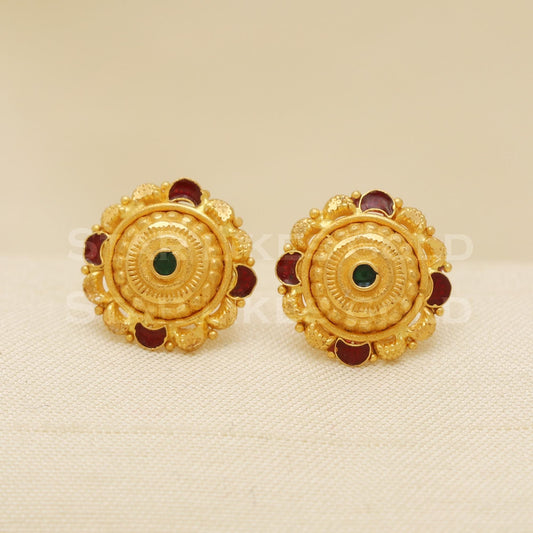 Hallmark 22k Gold Traditional Meenakari Stud Earrings with Red & Green Enamel, B1337