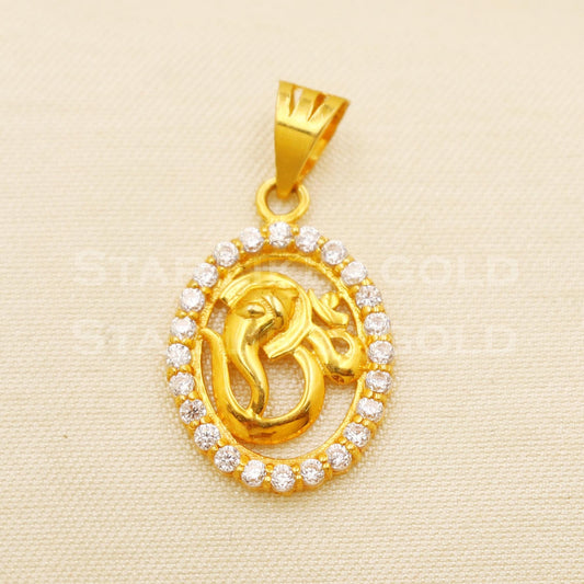 OM Ganeshji 18k Yellow Gold Handmade Zircon Pendant Jewelry, B1486