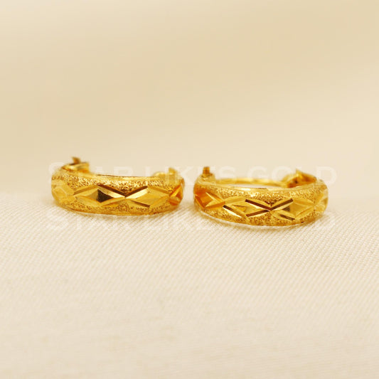 18K Yellow Gold Certified Textured Hoop Bali Earrings | Elegant Daily Wear, B1504