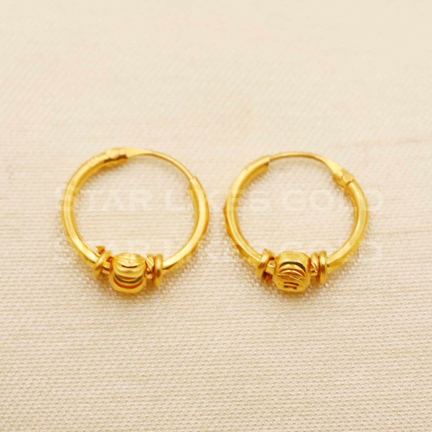 18K Gold Engraved Bead Hoop Earrings | Minimalist High-Polish Jewelry Gift, B1510