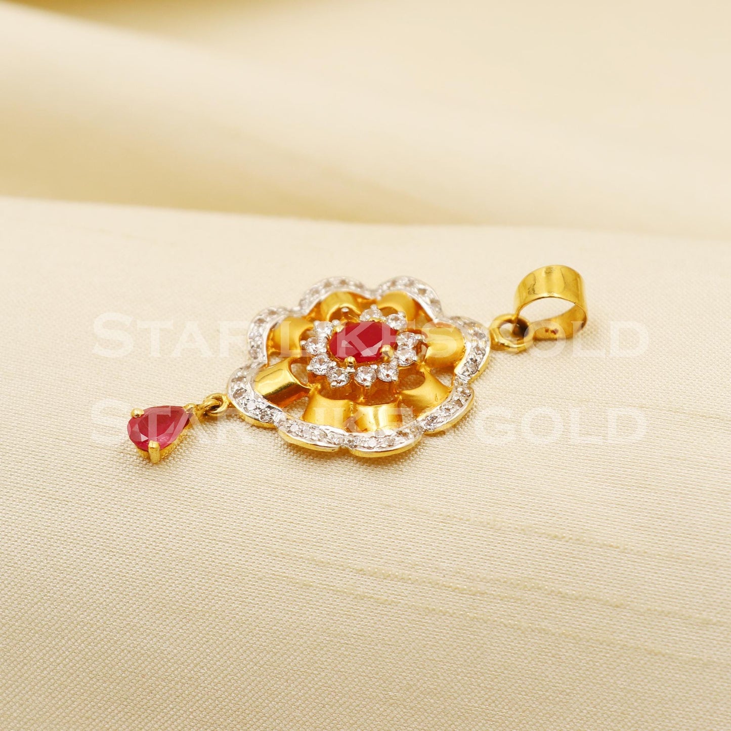 Zircon Ruby 22k Yellow Gold Handmade Pendant Jewelry, PR1175