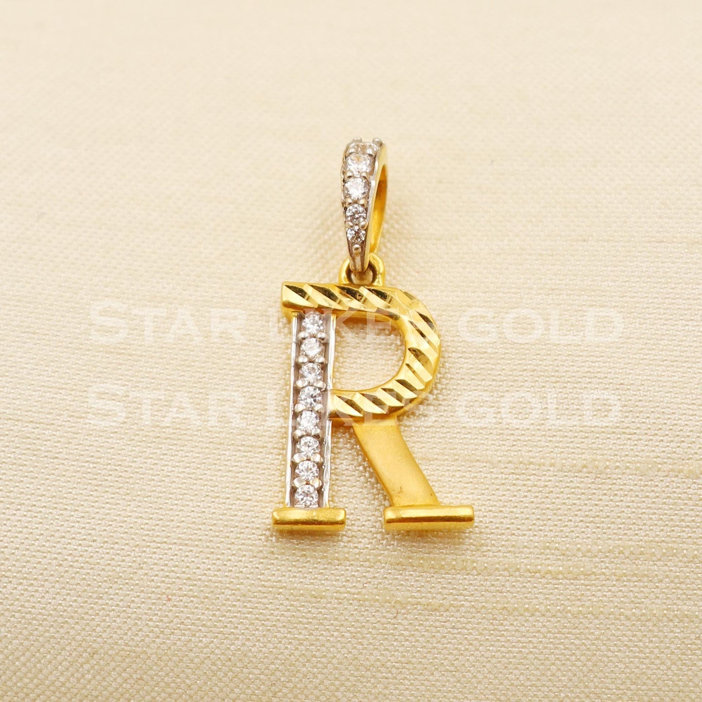 R Name Initial Zircon 22k Yellow Gold Handmade Charms Pendant light weight Jewelry, PR1198
