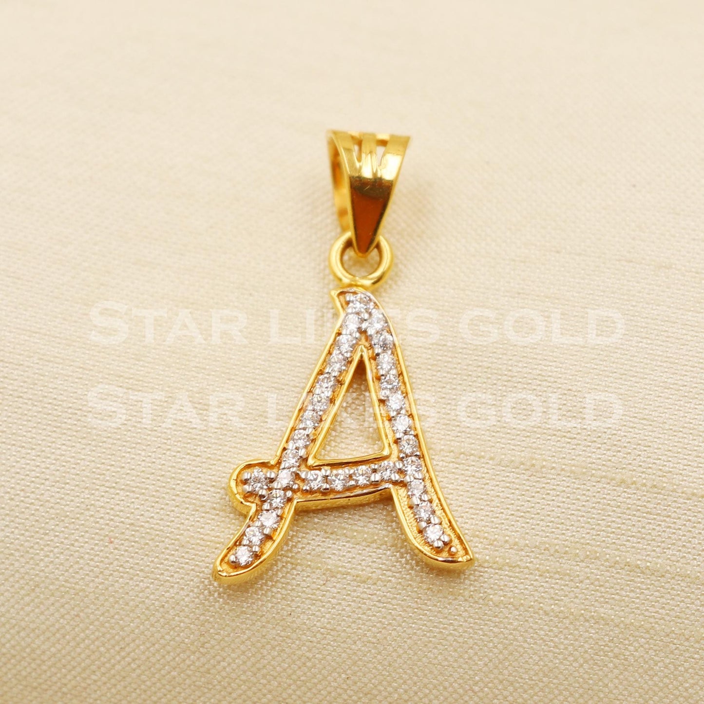 A Name Initial Zircon 22k Yellow Gold Handmade Charms Pendant light weight Jewelry, PR1202