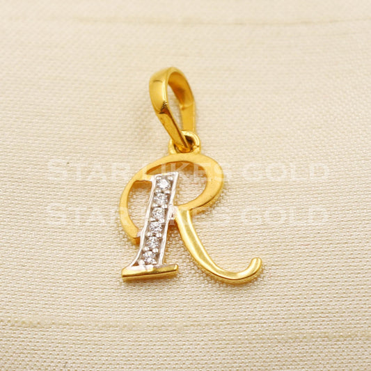 R alphabet Initial Zircon 18k Yellow Gold Handmade Charms Pendant light weight Jewelry, PR1281