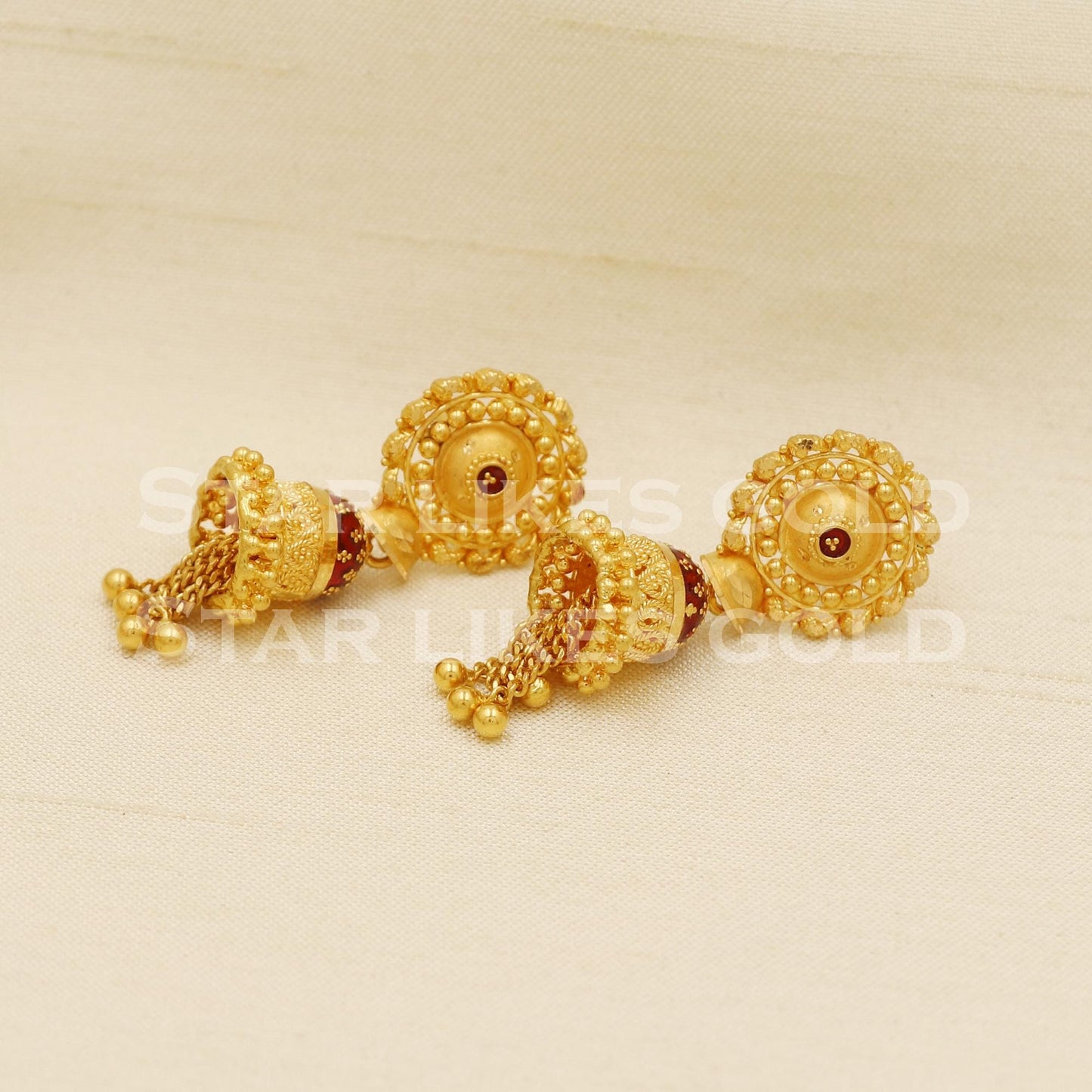 Hallmark 22k Gold Three-Tier Bridal Jhumki Earrings with Red Enamel Accents, PR1306