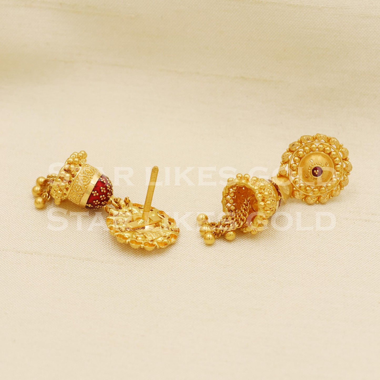 Hallmark 22k Gold Three-Tier Bridal Jhumki Earrings with Red Enamel Accents, PR1306