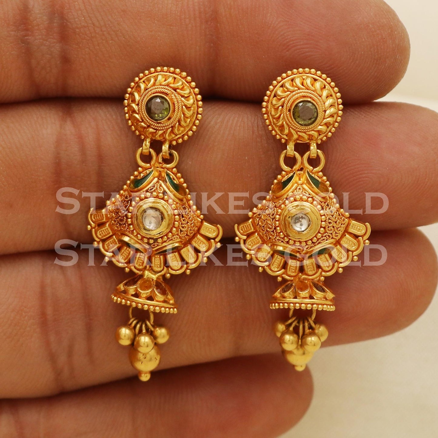 Hallmark 22k Gold Traditional Drop Earrings with Green & White Stones, PR1311