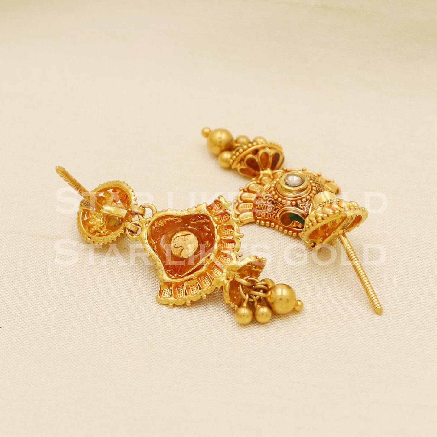 Hallmark 22k Gold Traditional Drop Earrings with Green & White Stones, PR1311