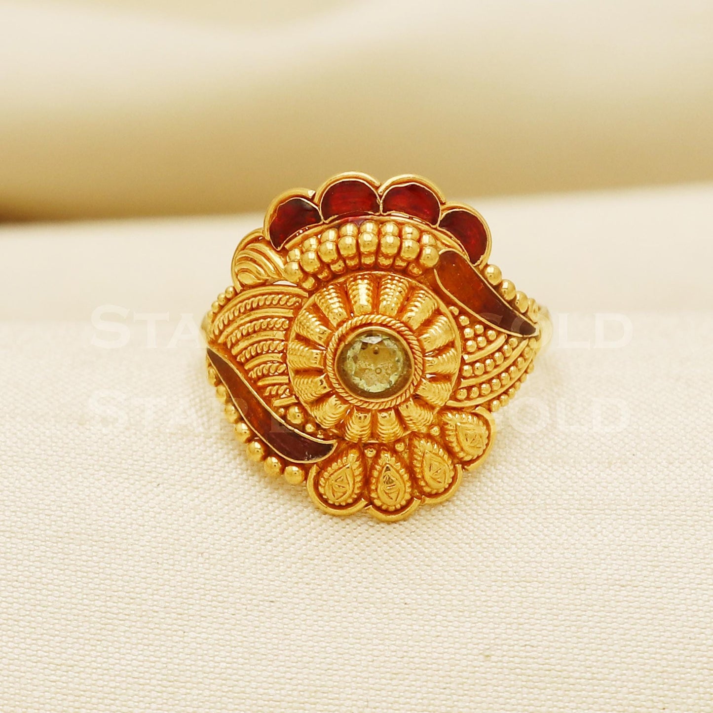 22K Gold Traditional Meenakari Floral Ring | Antique 916 Gold Jewelry, PR1053
