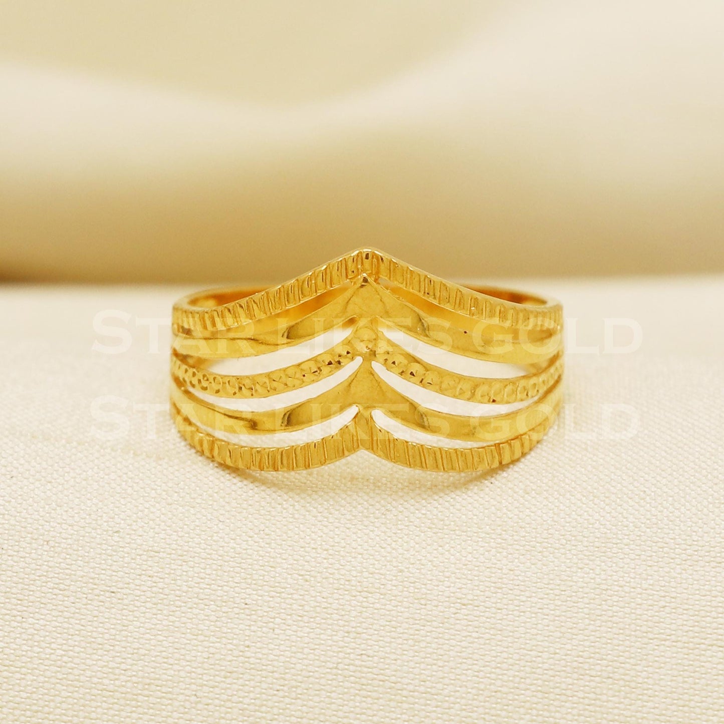 22K Gold Triple Layer V-Shape Chevron Ring | Elegant 916 Gold Band, PR1055