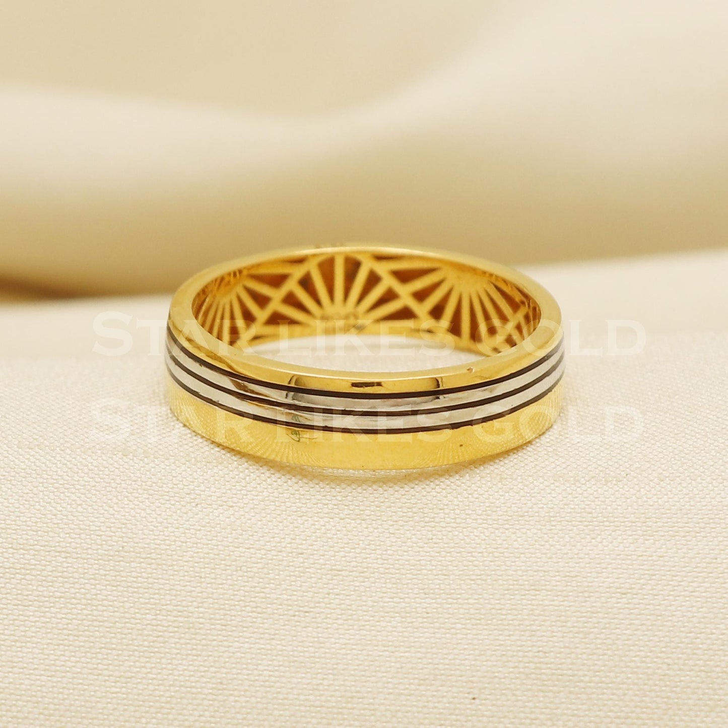 Modern 22K Gold Dual-Tone Band Ring | Sleek Horizontal Stripe Design, PR1072