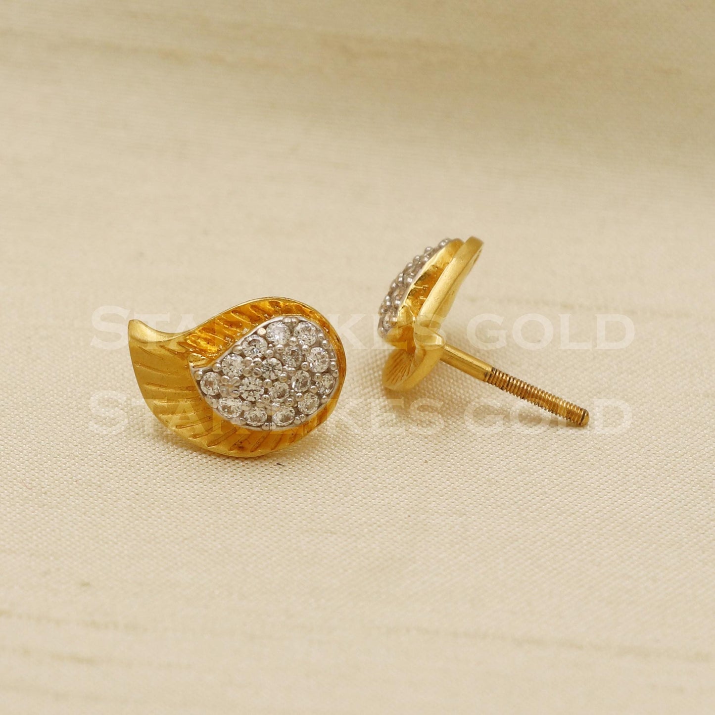 Hallmark 22k Gold Paisley Stud Earrings with Shimmering White Stones, PR1105