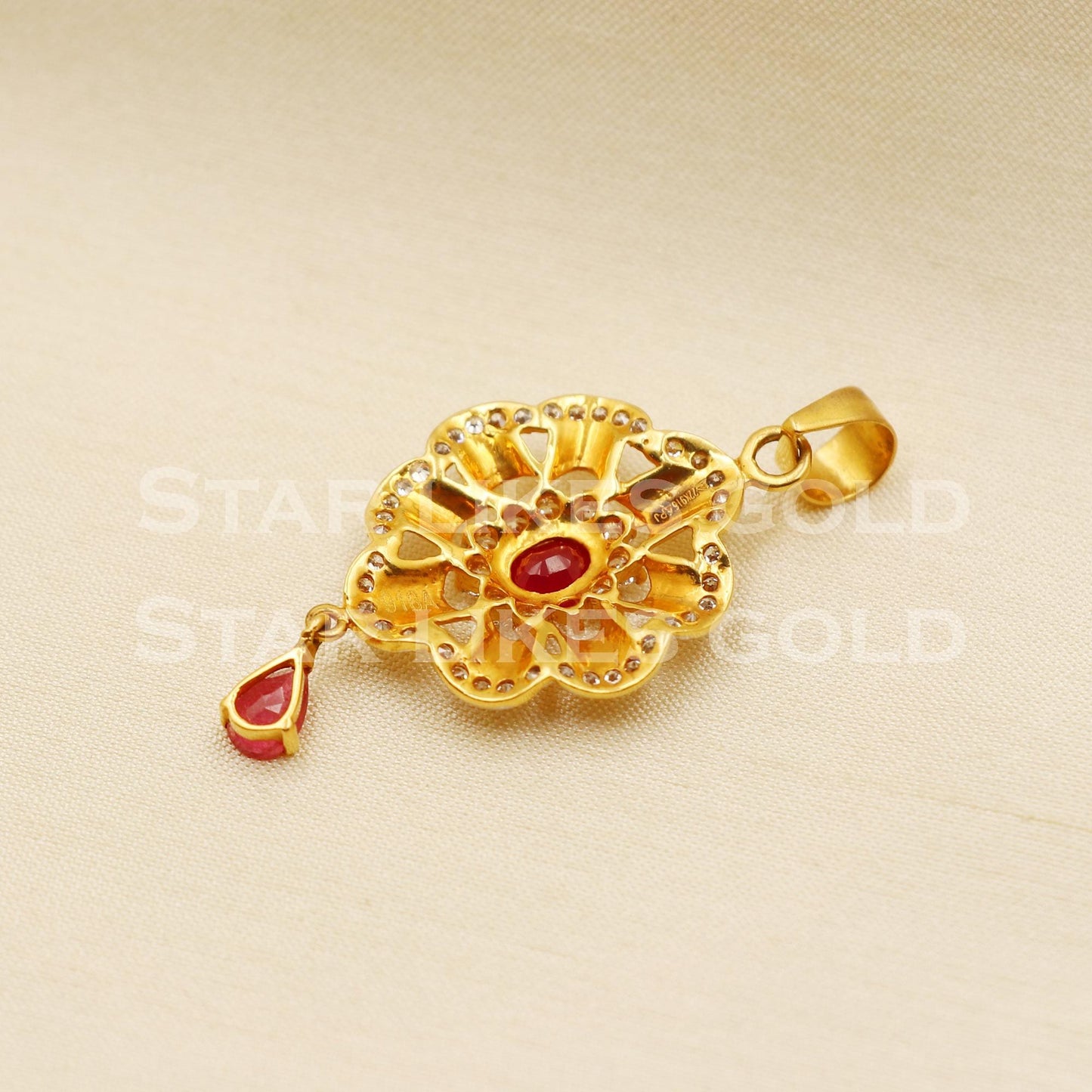Zircon Ruby 22k Yellow Gold Handmade Pendant Jewelry, PR1175