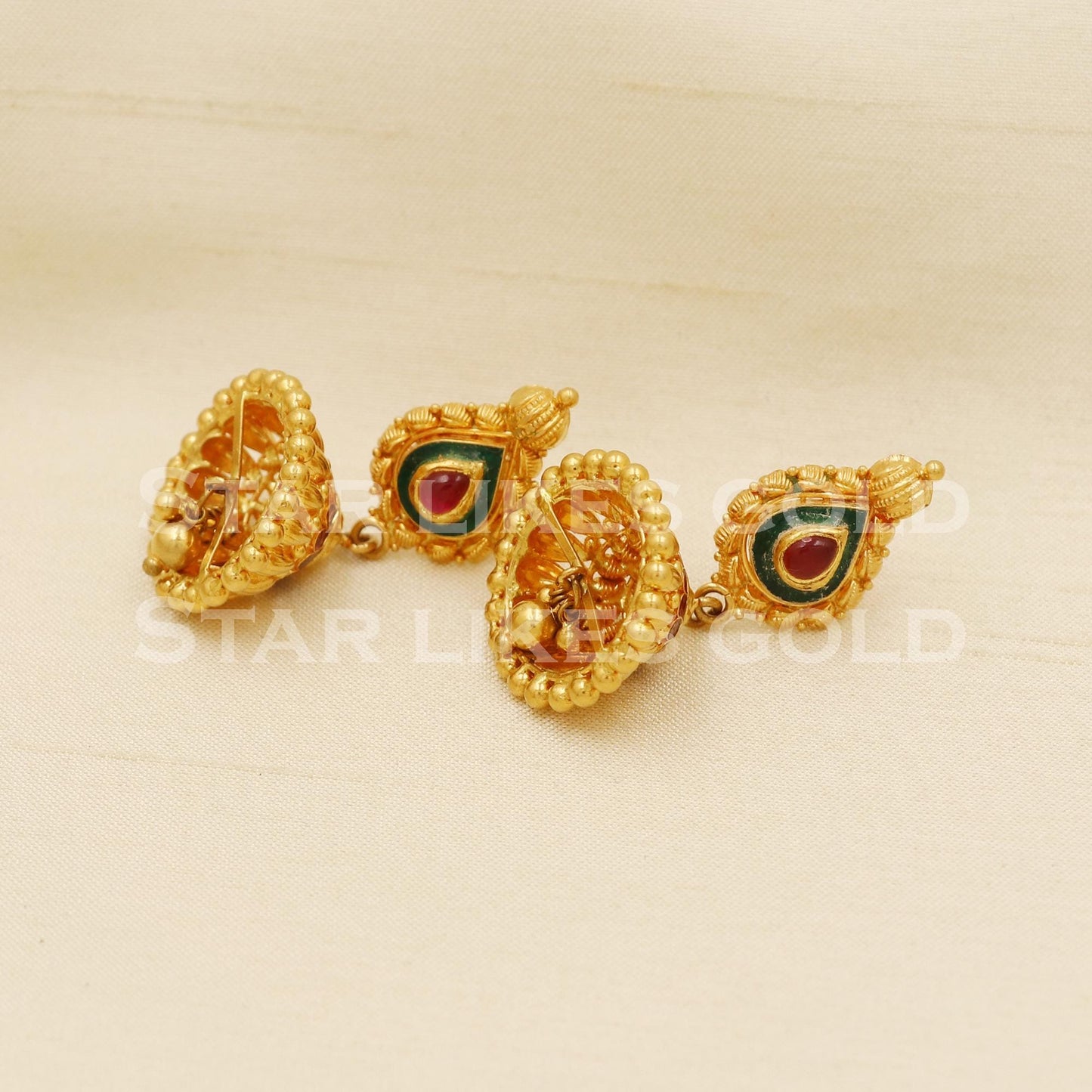 Hallmark 22k Gold Three-Tier Bridal Jhumki Earrings with Red And Green Enamel Accents, PR1305