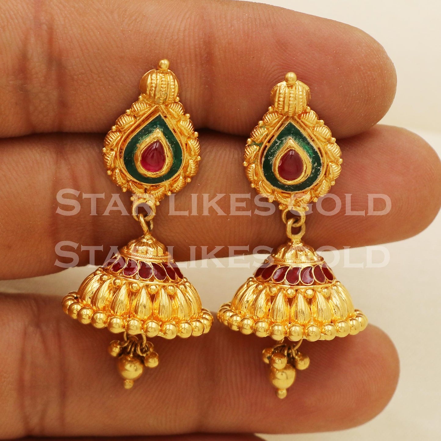 Hallmark 22k Gold Three-Tier Bridal Jhumki Earrings with Red And Green Enamel Accents, PR1305