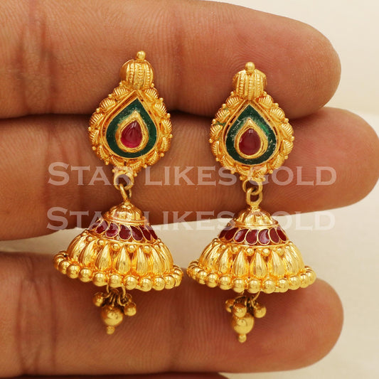 Hallmark 22k Gold Three-Tier Bridal Jhumki Earrings with Red And Green Enamel Accents, PR1305