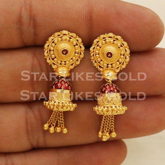 Hallmark 22k Gold Three-Tier Bridal Jhumki Earrings with Red Enamel Accents, PR1306