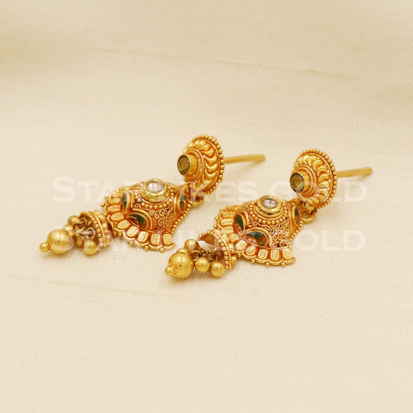 Hallmark 22k Gold Traditional Drop Earrings with Green & White Stones, PR1311
