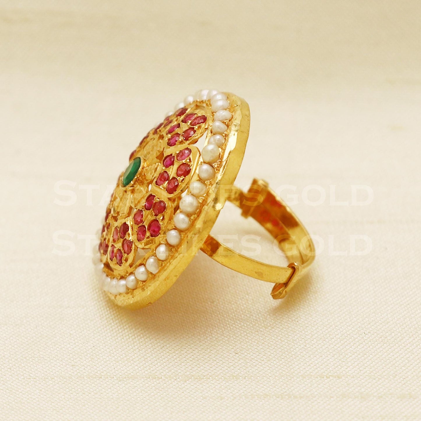 22K Gold Traditional Pearl & Ruby Stone Ring | Royal Jadau Style 916 Jewelry, PR1042