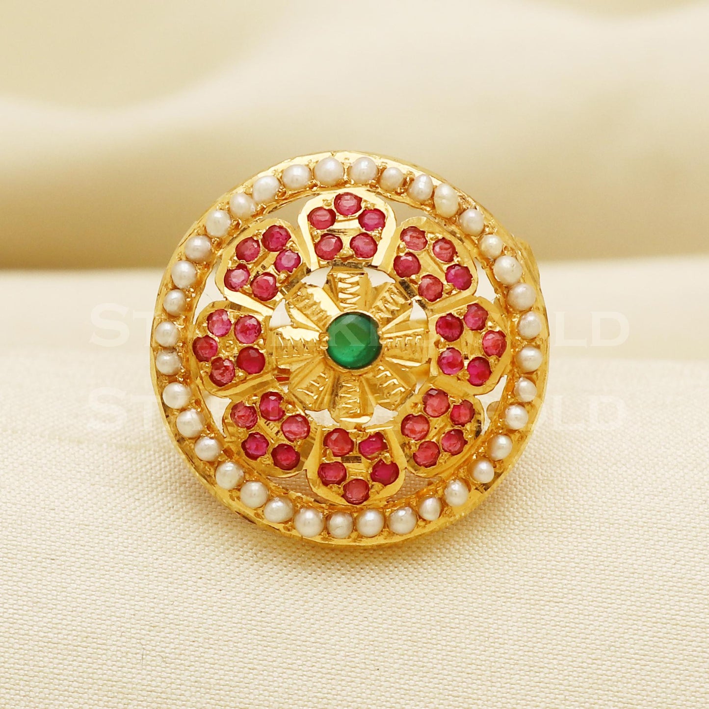 22K Gold Traditional Pearl & Ruby Stone Ring | Royal Jadau Style 916 Jewelry, PR1042