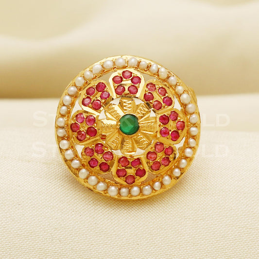 22K Gold Traditional Pearl & Ruby Stone Ring | Royal Jadau Style 916 Jewelry, PR1042