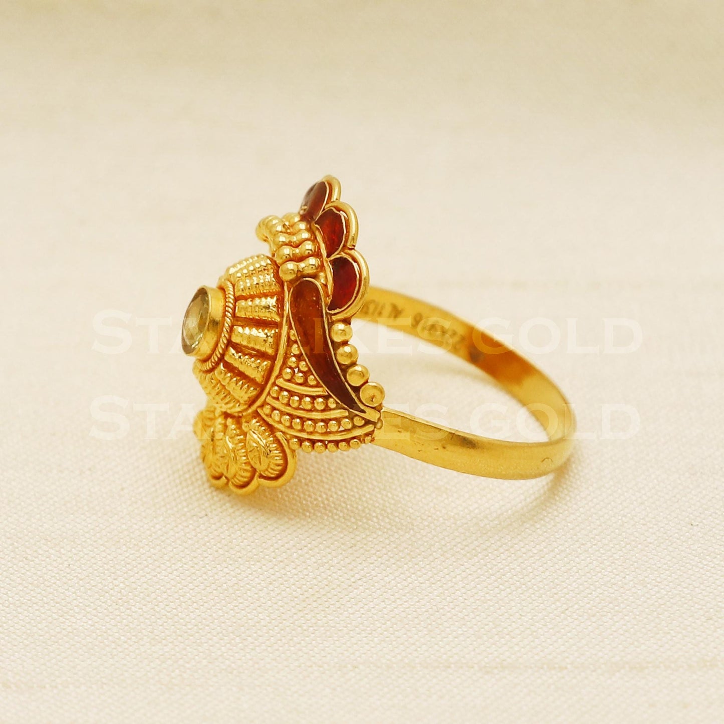 22K Gold Traditional Meenakari Floral Ring | Antique 916 Gold Jewelry, PR1053