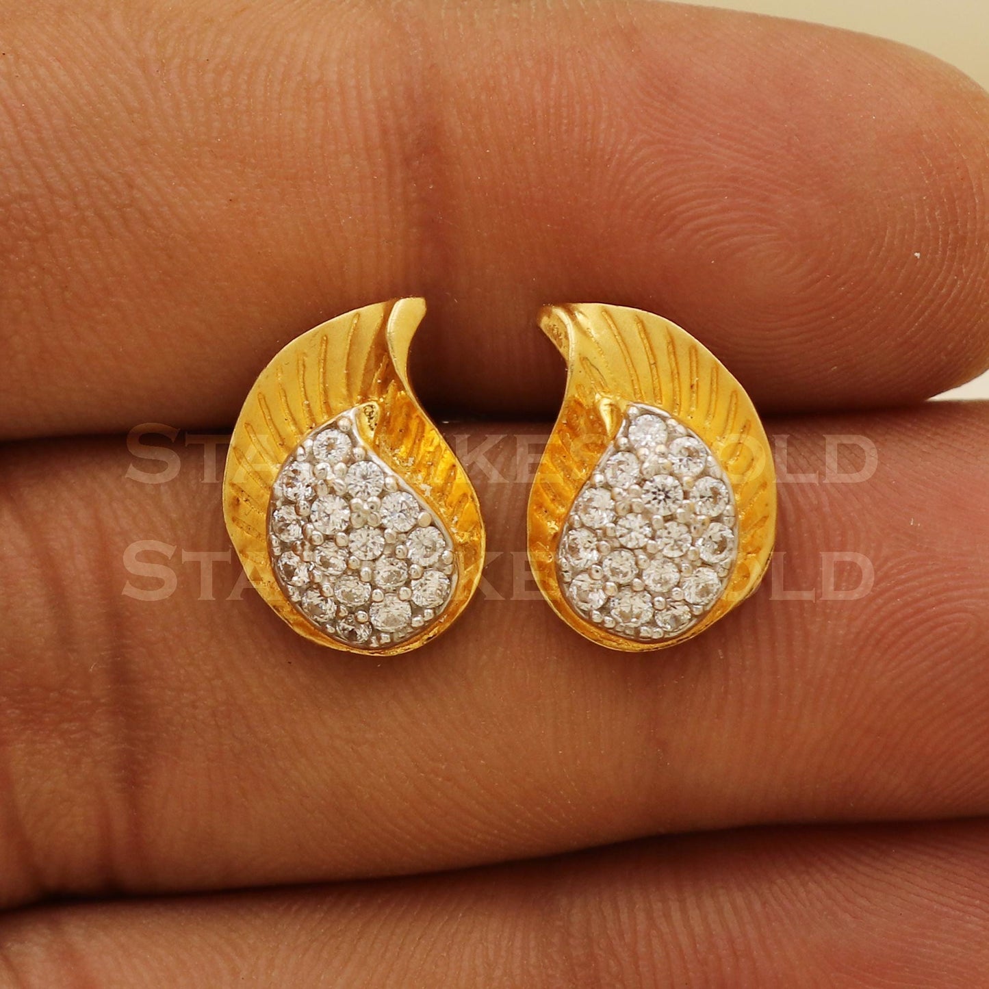 Hallmark 22k Gold Paisley Stud Earrings with Shimmering White Stones, PR1105