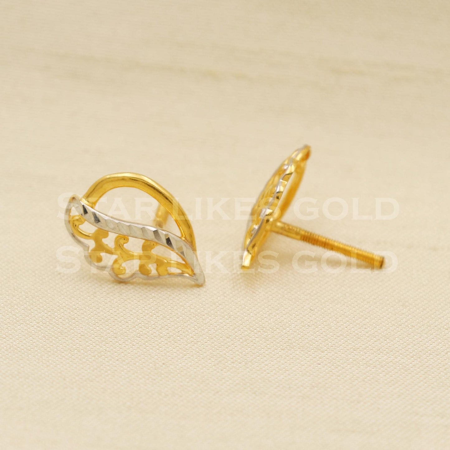 Elegant 22k Gold Two-Tone Floral Leaf Stud Earrings for Women, PR1133