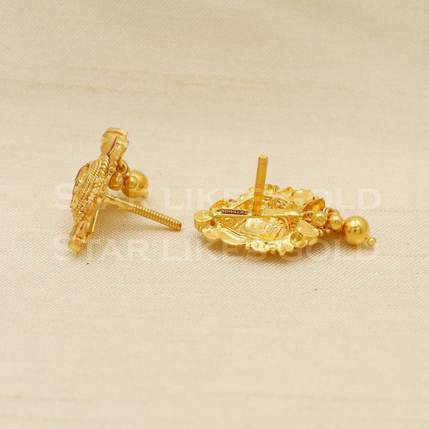 Traditional 22k Gold Meenakari Drop Earrings with Red & Green Enamel Hallmark Jewelry, PR1143