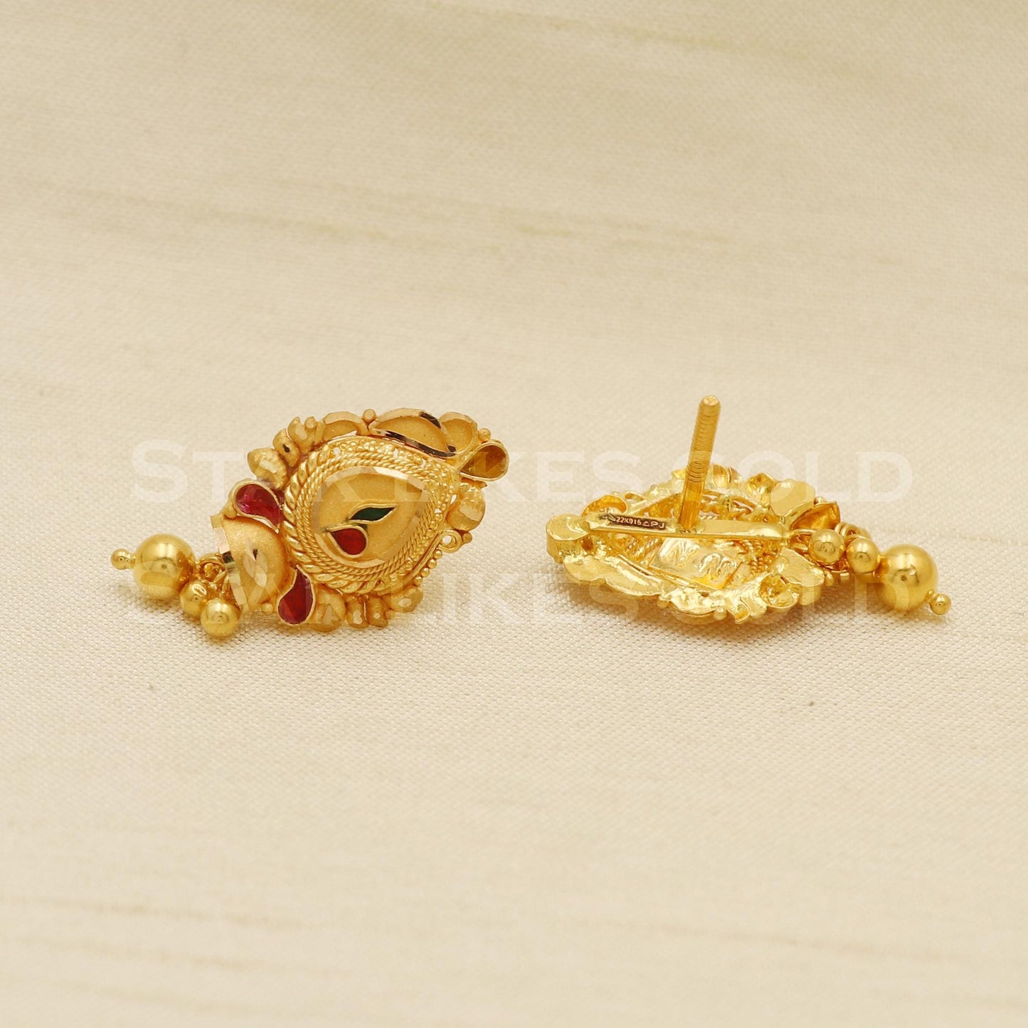 Traditional 22k Gold Meenakari Drop Earrings with Red & Green Enamel Hallmark Jewelry, PR1143