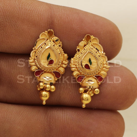 Traditional 22k Gold Meenakari Drop Earrings with Red & Green Enamel Hallmark Jewelry, PR1143