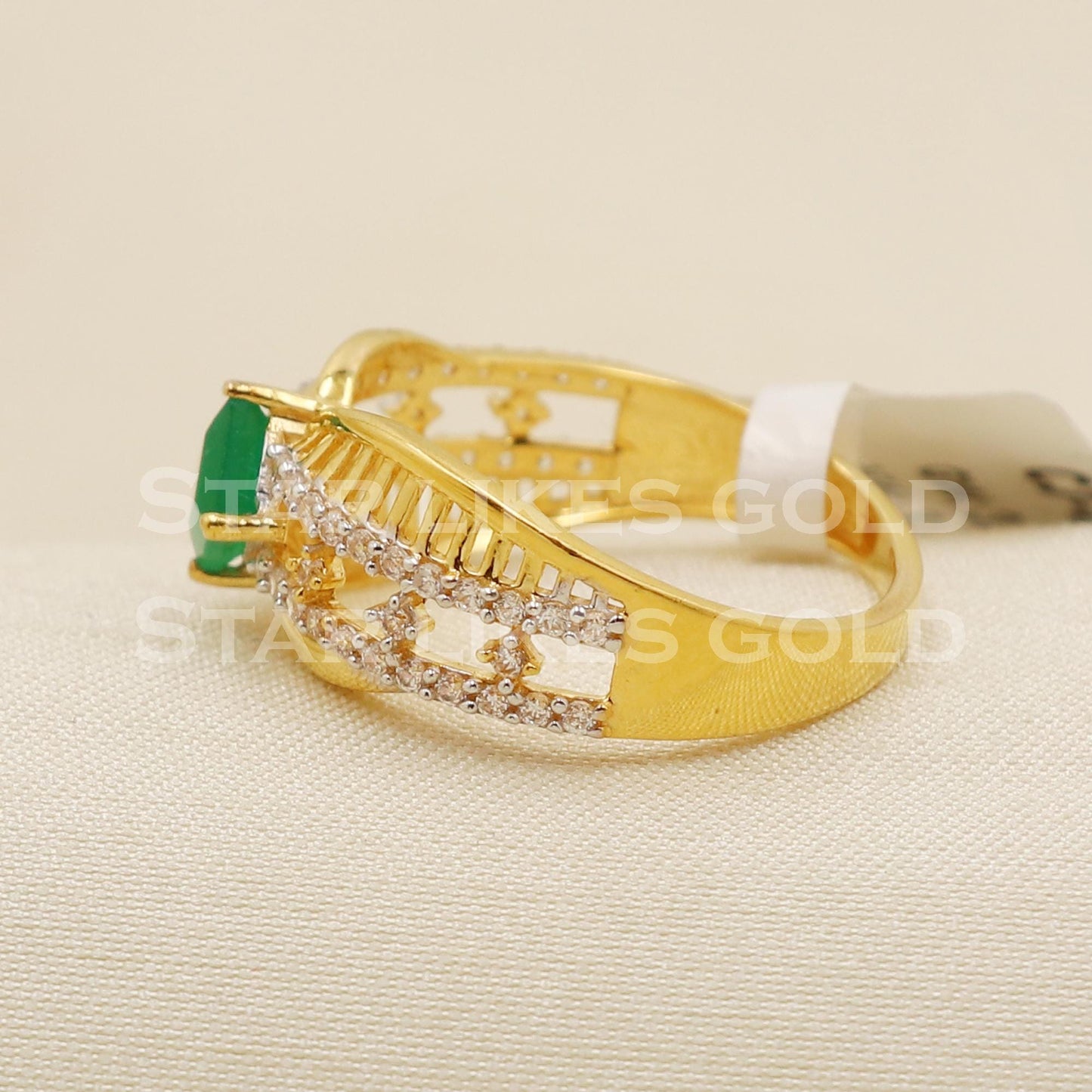 Green Stone Zircon 22 karat 22k Gold Indian Ring Handmade Jewelry, B1579